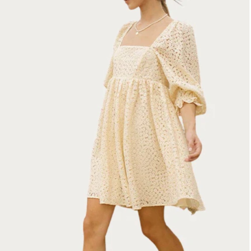Storia Crochet Flower Cream/Ivory Baby Doll Puff Sleeve Mini Dress